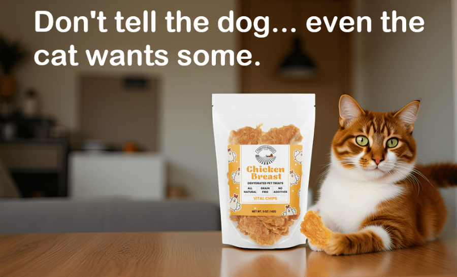 Cat sitting next to a package of Frosted Harvest Vital Chips chicken breast on a table with text 'Don't tell the dog... even the cat wants some.'