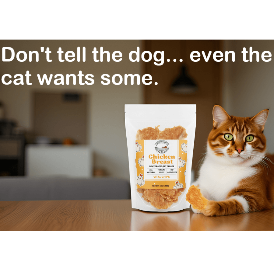 Cat sitting next to a package of Frosted harvest Vital Chips cat treats with text 'Don't tell the dog... even the cat wants some.'
