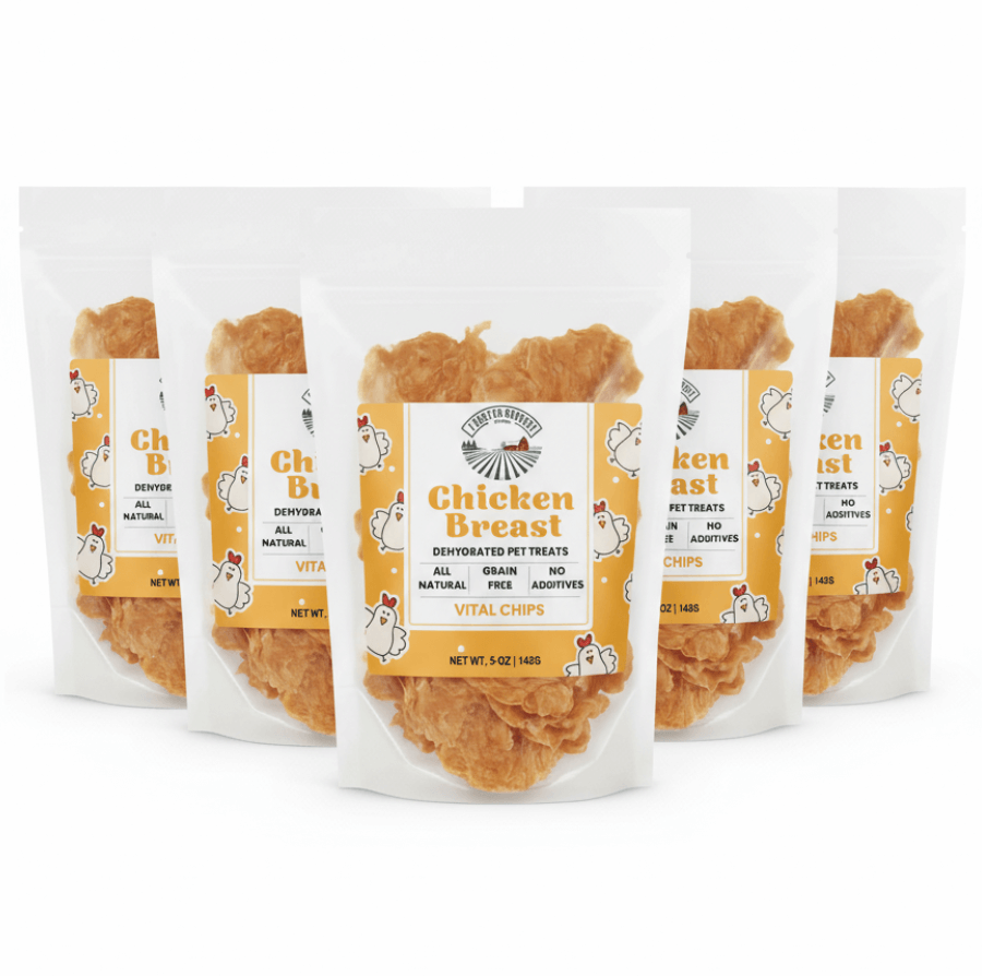 Packaging of Chicken Breast dehydrated pet treats with visible branding on a white background