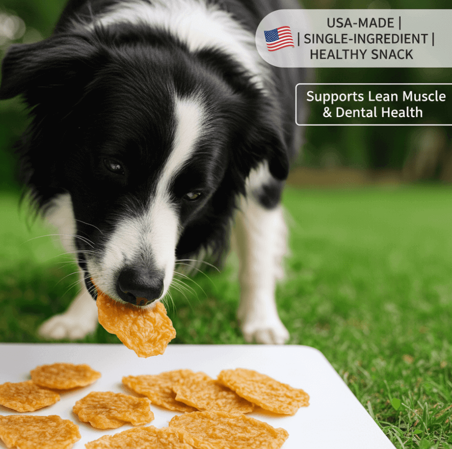 Dog eating a dog treat with text about a healthy snack for dogs on a grassy background