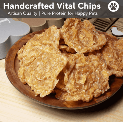 Handcrafted Vital Chips on a wooden plate with pet-themed background