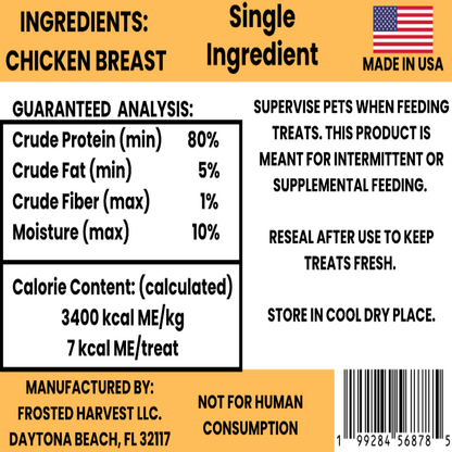 Dog treat label with ingredients, guaranteed analysis, and manufacturing details on a yellow background.