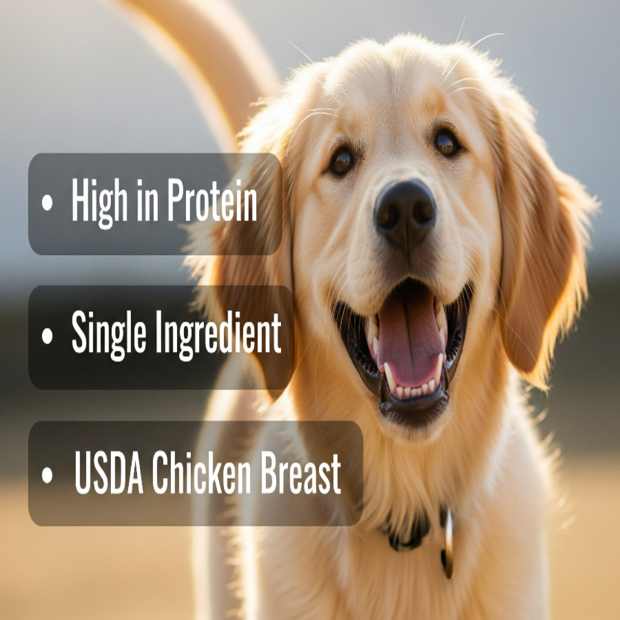 Happy dog with text about Vital Chips protein content and USDA Chicken Breast label.