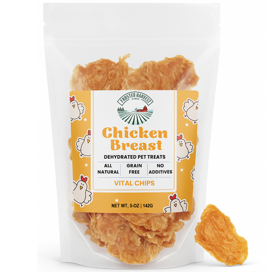 Package of dehydrated pet treats labeled 'Chicken Breast' with a white background